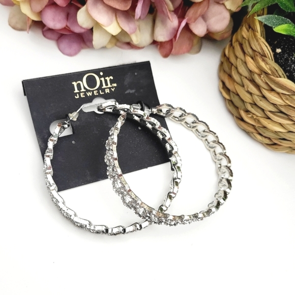 NWT nOir Jewelry large silver plated hoops inlaid rhinestones post earrings $128 - Picture 13 of 14